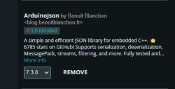 Screenshot showing the ArduinoJson library version 7.3.0 in a development platform.