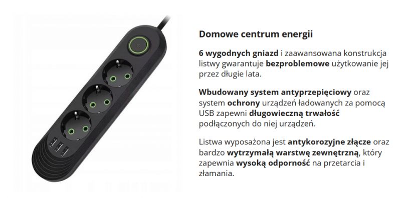 Czarna listwa zasilająca z trzema gniazdami i czterema portami USB, z zielonym przyciskiem zasilania.
