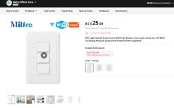 Milfra Tuya WiFi product page with image of a triple light switch.