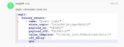 Screenshot showing a YAML configuration snippet for Home Assistant, defining an MQTT binary_sensor named power light.