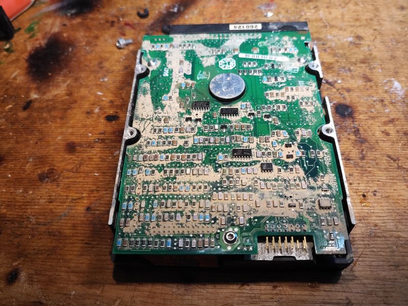 HDD Circuit Board After Water Exposure HDD circuit board with visible water damage