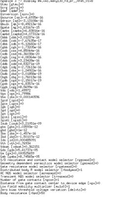Screenshot showing MOSFET simulation results with various parameters such as charge, voltages, currents, and capacitances.