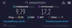 Zrzut ekranu z aplikacji Speedtest pokazujący wyniki prędkości Internetu.