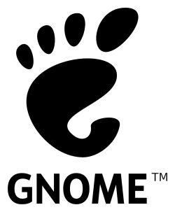 Czarno-białe logo GNOME przedstawiające stylizowany odcisk stopy nad napisem GNOME.