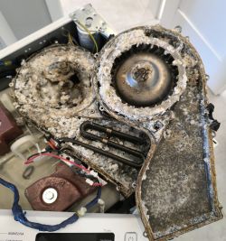 Zanieczyszczony mechanizm nawiewu w pralko-suszarce, pokryty resztkami detergentu