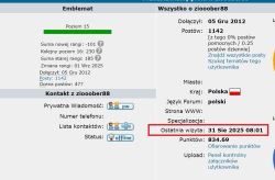 Zrzut ekranu z profilu użytkownika forumowego pokazujący datę ostatniej wizyty: 31 sierpnia 2025 o godzinie 08:01.