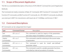 Instructions for OPL1000 AT Command Set, outlining the scope and command formats.