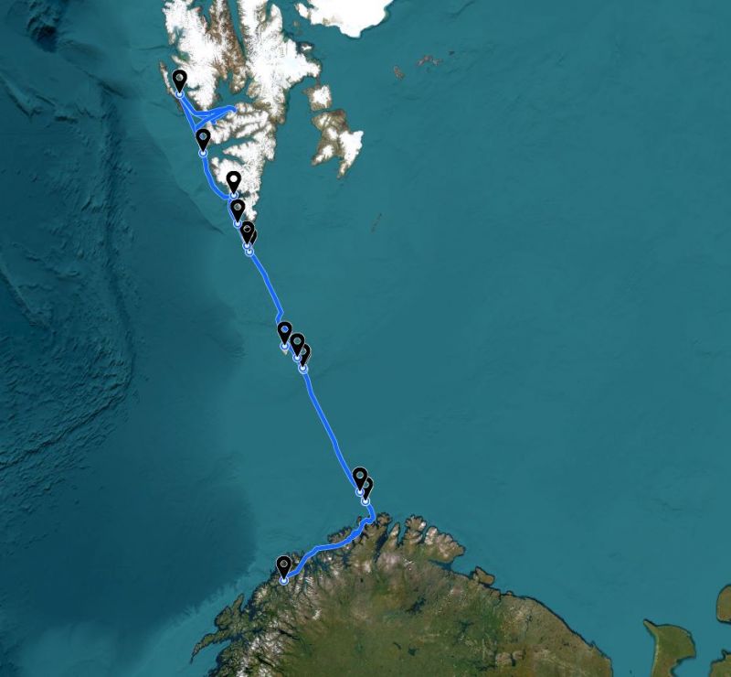 Map showing yacht route from Tromso to Spitsbergen.
