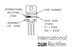 Ilustracja przedstawia tranzystor International Rectifier z oznaczeniami identyfikacyjnymi.