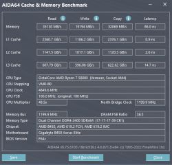 Zrzut ekranu z testu AIDA64 Cache & Memory Benchmark dla procesora AMD Ryzen 7 5800X na płycie głównej Gigabyte B450 Aorus Elite.