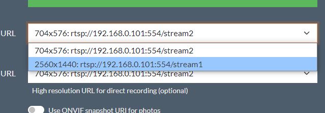 Interfejs wyboru rozdzielczości strumienia RTSP kamery Keview.