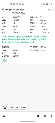Zrzut ekranu z aplikacji NetMonster pokazujący szczegóły połączenia sieci Orange 4G LTE 2100 i 5G NSA 3500 w miejscowości Halickie.