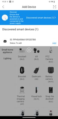 Screenshot of a smart home app showing one discovered device ready to be added.