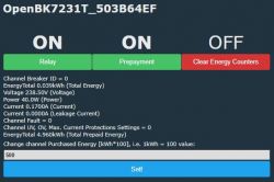 OpenBK7231T user interface displaying various energy parameters.