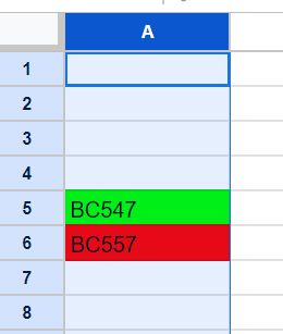 Fragment arkusza Google z wyróżnionymi komórkami w kolumnie A