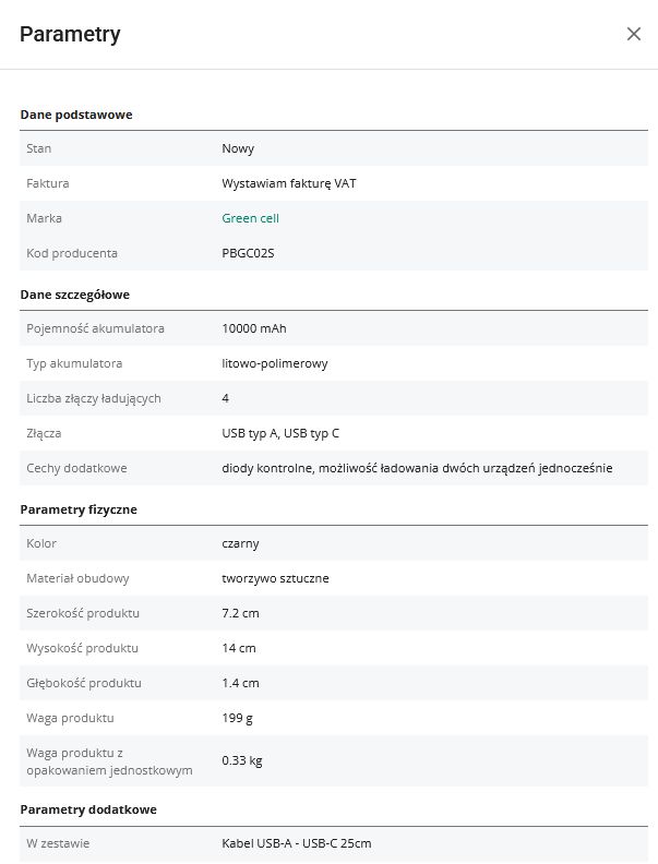 Tabela specyfikacji powerbanku Green Cell PBGC02S o pojemności 10000mAh.