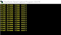 RealTerm window with repeated “Bad frame time out” messages on a black background.