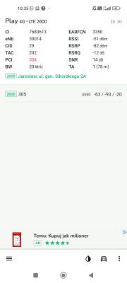 Zrzut ekranu przedstawiający parametry sieci 4G LTE 2600 sieci Play w aplikacji monitorującej.