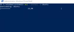 Installing Ubuntu via WSL in Windows PowerShell Windows PowerShell window running the command to install Ubuntu via WSL, showing download progress at 16.8%.