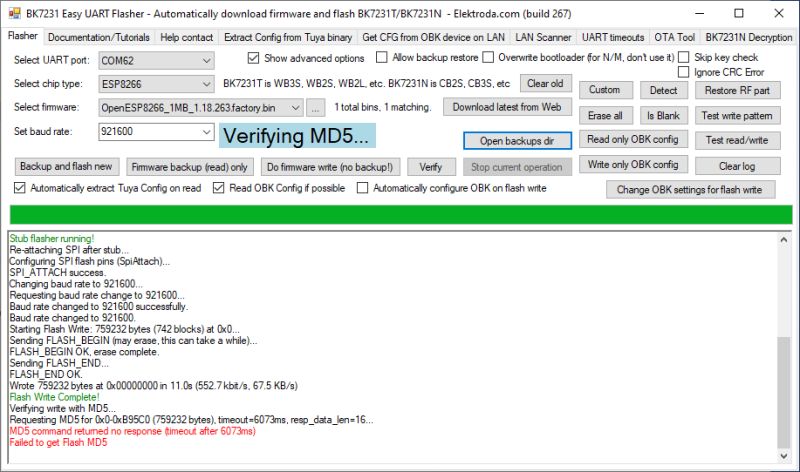 Screenshot of BK7231 Easy UART Flasher showing “Verifying MD5…” and an MD5 verification timeout in the log