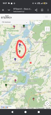 Zrzut ekranu BTSearch z mapą okolic Chmielna i Brodnicy Górnej, z czerwonym okręgiem i znacznikami BTS