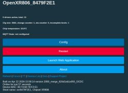 OpenXR806_8479F2E1 status screen with buttons: Config, Restart, Launch Web Application, About