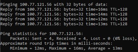 Ping result to IP 100.77.121.56 with minimum latency of 12 ms