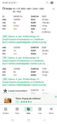 Zrzut ekranu z aplikacji NetMonster pokazujący parametry sieci Orange 4G z lokalizacji w Zabrzu