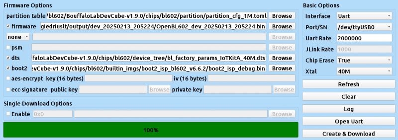 Firmware configuration interface for BL602 with options for partition table, firmware, and other settings.