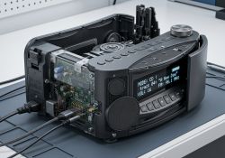 Otwarta czarna przenośna wieża audio na stole, z widoczną płytką PCB i wyświetlaczem.