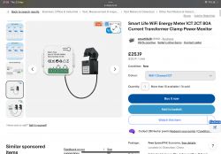 Screenshot of a Smart Life WiFi energy meter listing on ebay.co.uk, featuring a transformer and clamp.