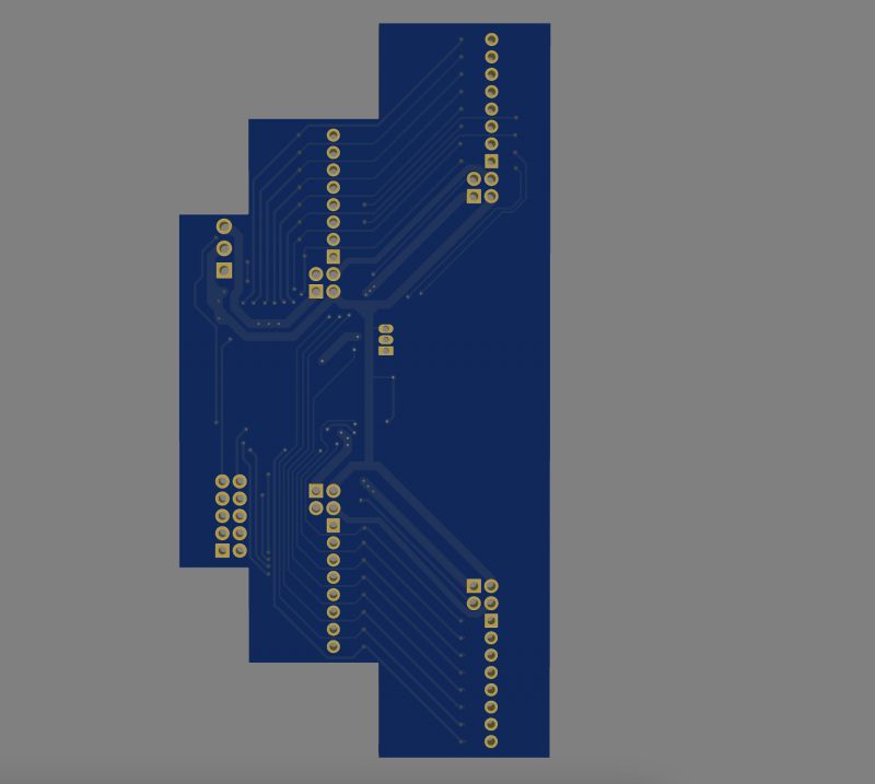 PCB design with ESP32 and soldering pads.