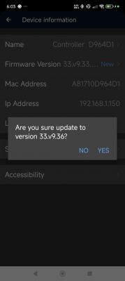 Dialog box asking about software update to version 33.v9.36 on a mobile device.