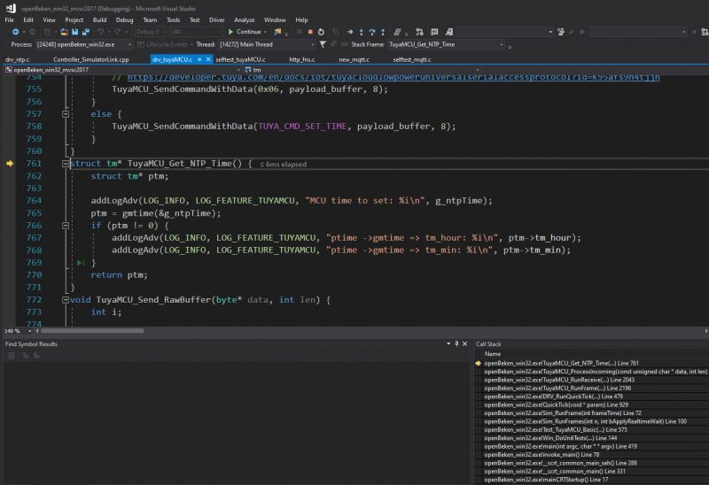 View of Visual Studio debugging window with program code for TuyaMCU.