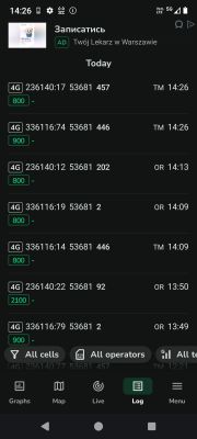 Zrzut ekranu z aplikacji NetMonitor z danymi 4G dla operatorów TM i OR