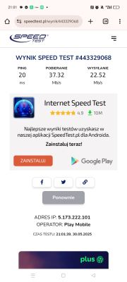 Zrzut ekranu z wynikami testu prędkości internetu na stronie SpeedTest.pl z sieci Play Mobile, pokazujący ping 20 ms, pobieranie 37,32 Mb/s i wysyłanie 22,52 Mb/s.