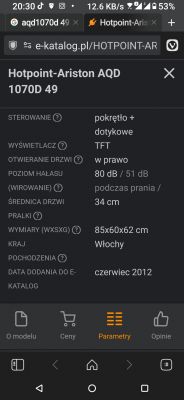 Dane techniczne pralki Hotpoint-Ariston AQD 1070D 49