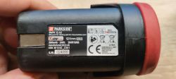 Parkside PAPK 12 A3 Battery Close-up of a Parkside PAPK 12 A3 battery with an informational label.