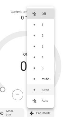 Fan mode selection menu with options: Off, 1, 2, 3, 4, 5, mute, turbo, Auto.