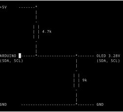 Schemat połączenia I2C między Arduino 5V a OLED 3.3V z rezystorami 4.7k i 9k
