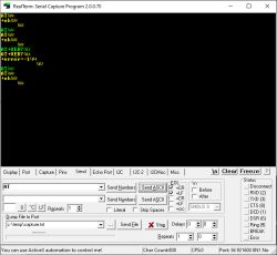 Screenshot of RealTerm showing AT commands sent and responses from a serial device