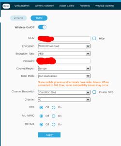 Panel konfiguracji Wi-Fi 5GHz w routerze Totolink Interfejs ustawień Wi-Fi 5GHz routera Totolink z widocznymi opcjami konfiguracji