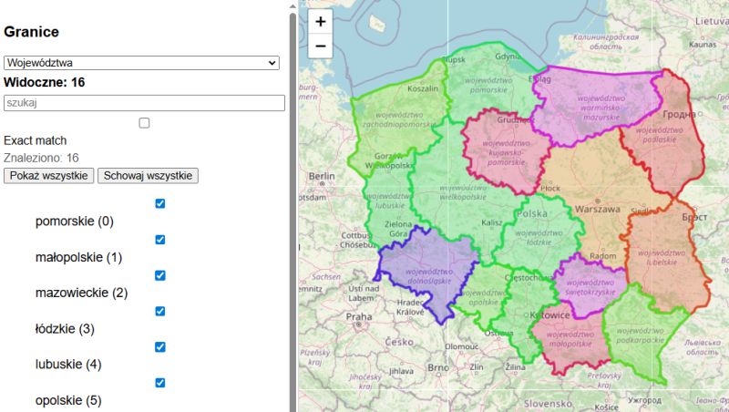 Web interface showing a map of Poland with boundaries of 16 voivodeships displayed