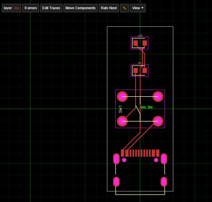 Browser-based PCB editor view with traces and components on a grid, top layer