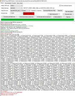Screenshot of the BK7231 Easy UART Flasher program showing errors during flashing of the BK7231N module.