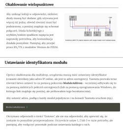 Fragment instrukcji okablowania wielopunktowego ze schematem i sekcją ustawiania identyfikatora modułu.