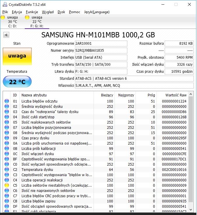 Pytanie o parametry S.M.A.R.T. - Samsung HN-M101MBB