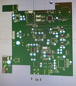 Wizualizacja projektu płytki PCB amplitunera widoczna w programie do projektowania elektroniki, z rozmieszczonymi komponentami elektronicznymi.