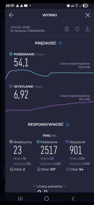 Wyniki testu Speedtest z sieci LTE o niskiej responsywności Zrzut ekranu z wynikami Speedtest z aplikacji mobilnej, pokazujący prędkości LTE.