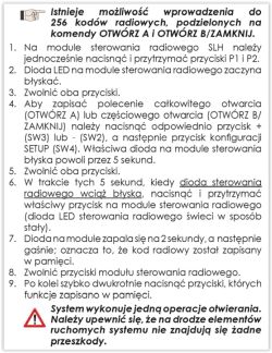 Instrukcja w języku polskim o programowaniu pilota; lista kroków i ostrzeżenie na dole.